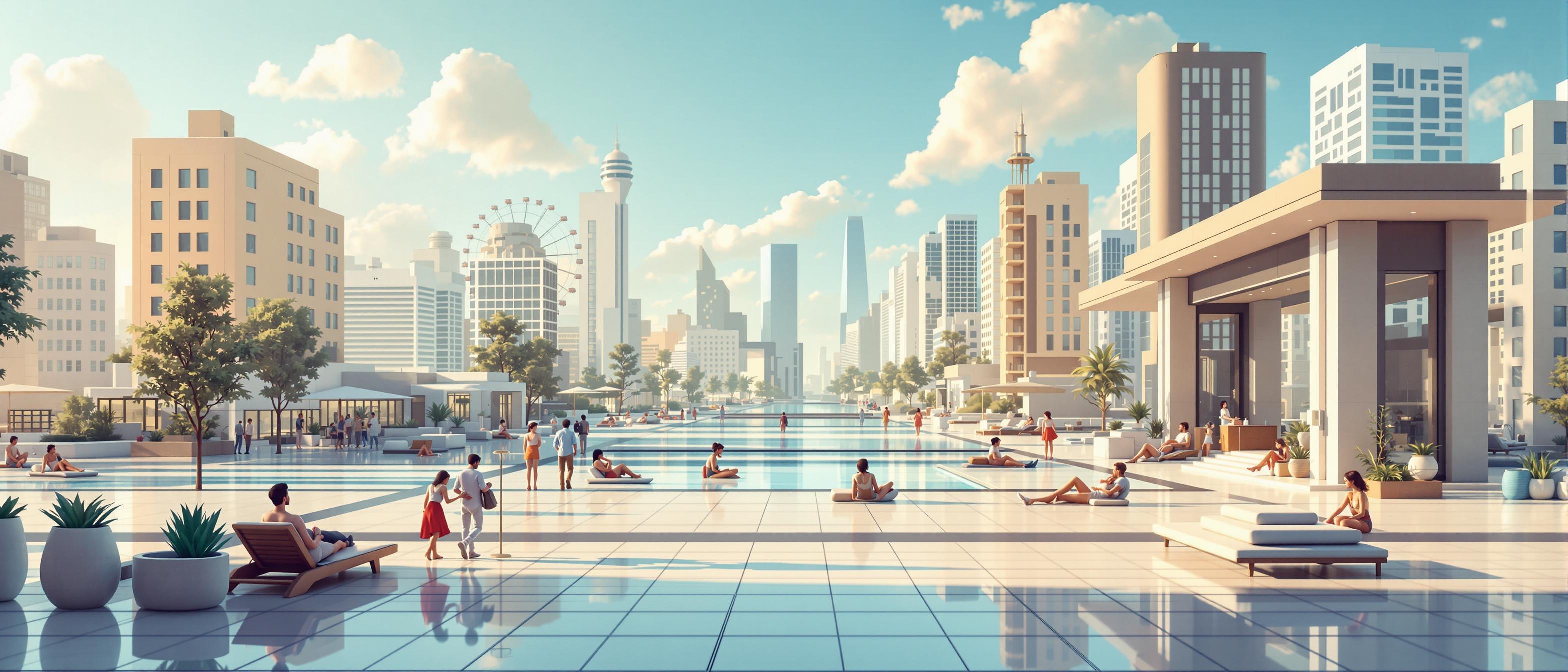 A futuristic city with humans relaxing. Symbolizing the purpose of AI agents, which will make our daily lifes easier.